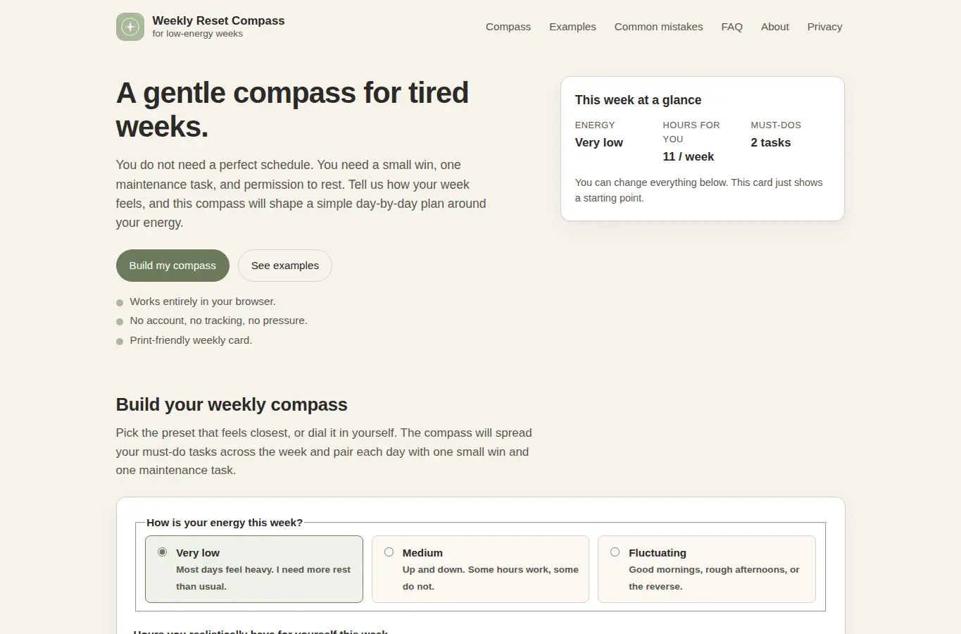 Screenshot of Low-Energy Weekly Reset Compass interface showing the project page in use